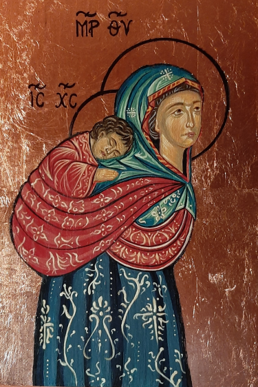 Rare handmade icon of the Dormition of the Virgin, Byzantine style by Maja Vujovic