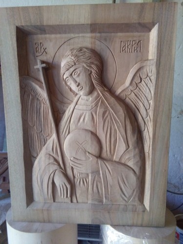 Archangel Michael, icon carved in walnut by Sasa Kolbas