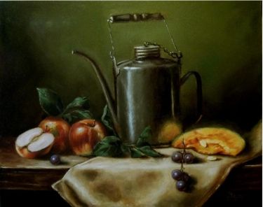 Metal Kettle with apples ...